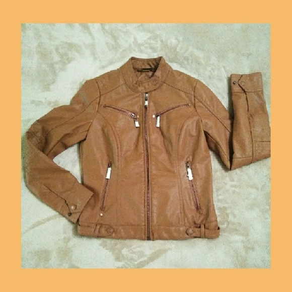 Jou Jou Jackets & Blazers - JOU JOU TAN FAUX LEATHER MOTO JACKET